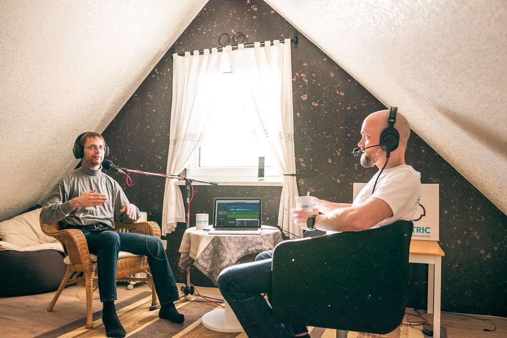 Voice-over artist practicing in studio
